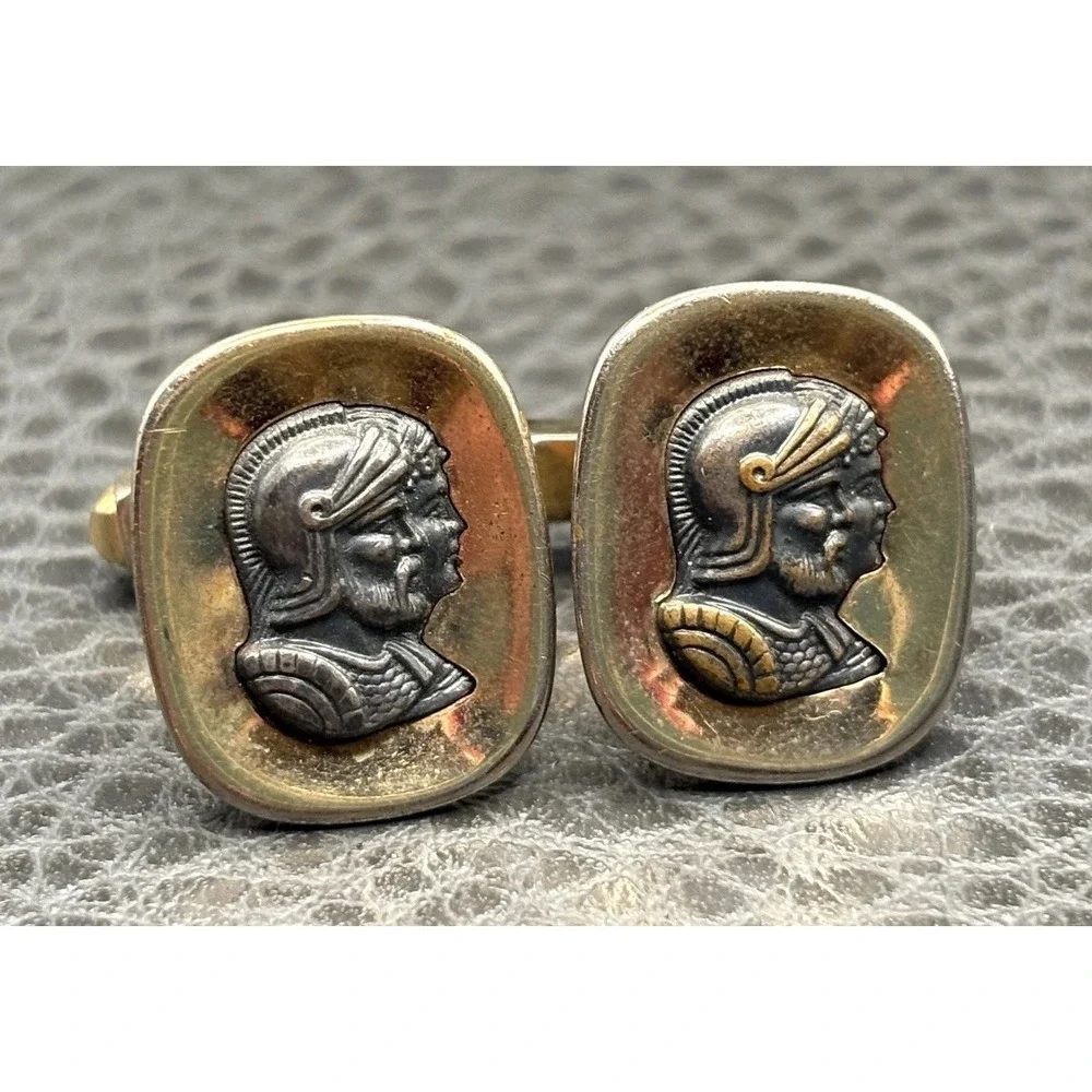 Vintage Anson Roman Soldier Cameo Profile Cufflinks Two Tone Gold Tone